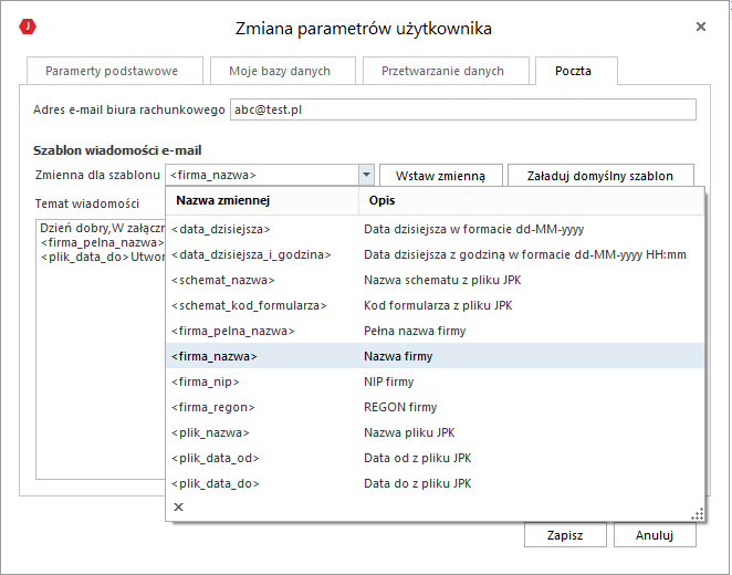 WAPRO JPK. Okno - Parametry użytkownika | Poczta