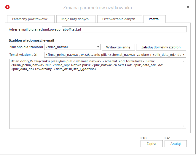 WAPRO JPK. Okno - Parametry użytkownika | Poczta - szablon domyślny