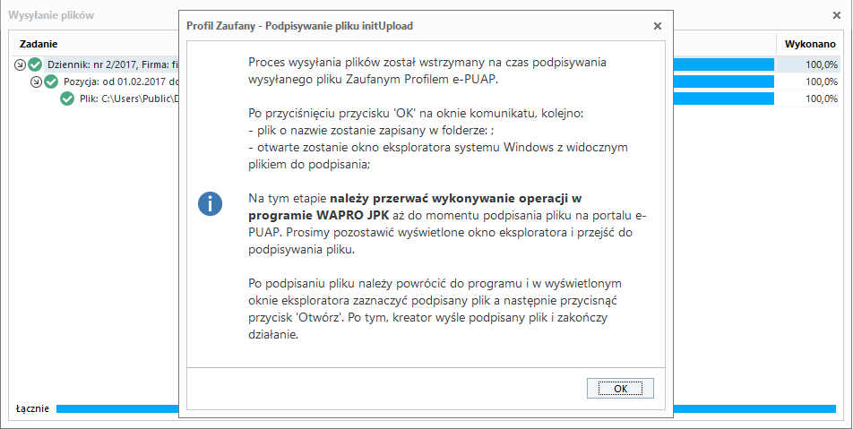 WAPRO JPK. Komunikat na temat podpisywania pliku initUpload