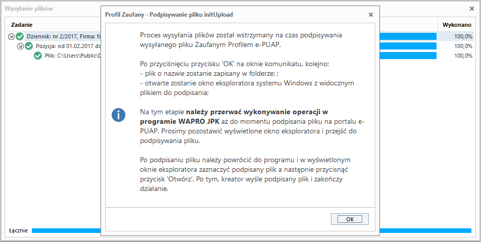 WAPRO JPK. Komunikat na temat podpisywania pliku initUpload