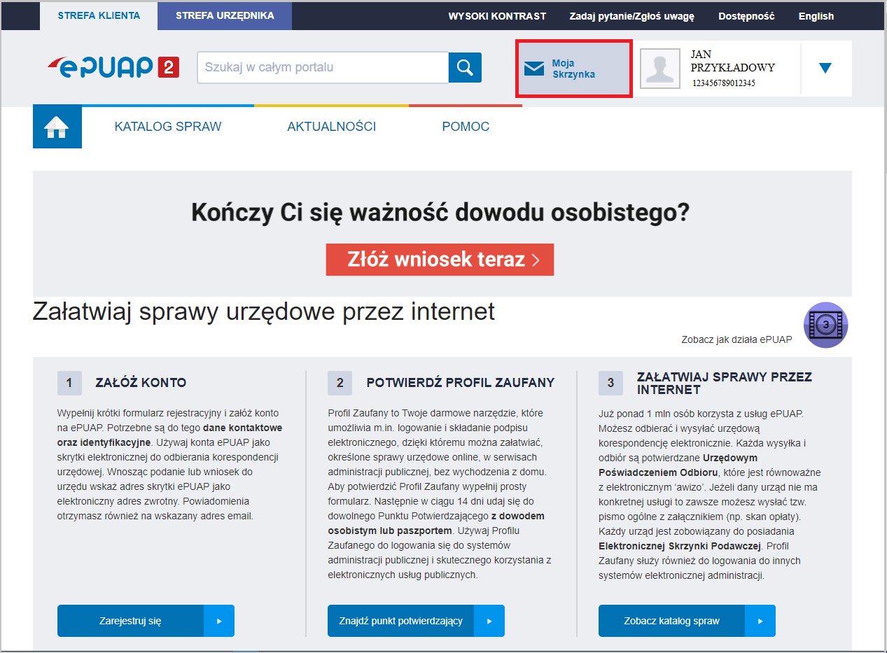 WAPRO JPK. Portal e-PUAP - przykładowy widok po zalogowaniu