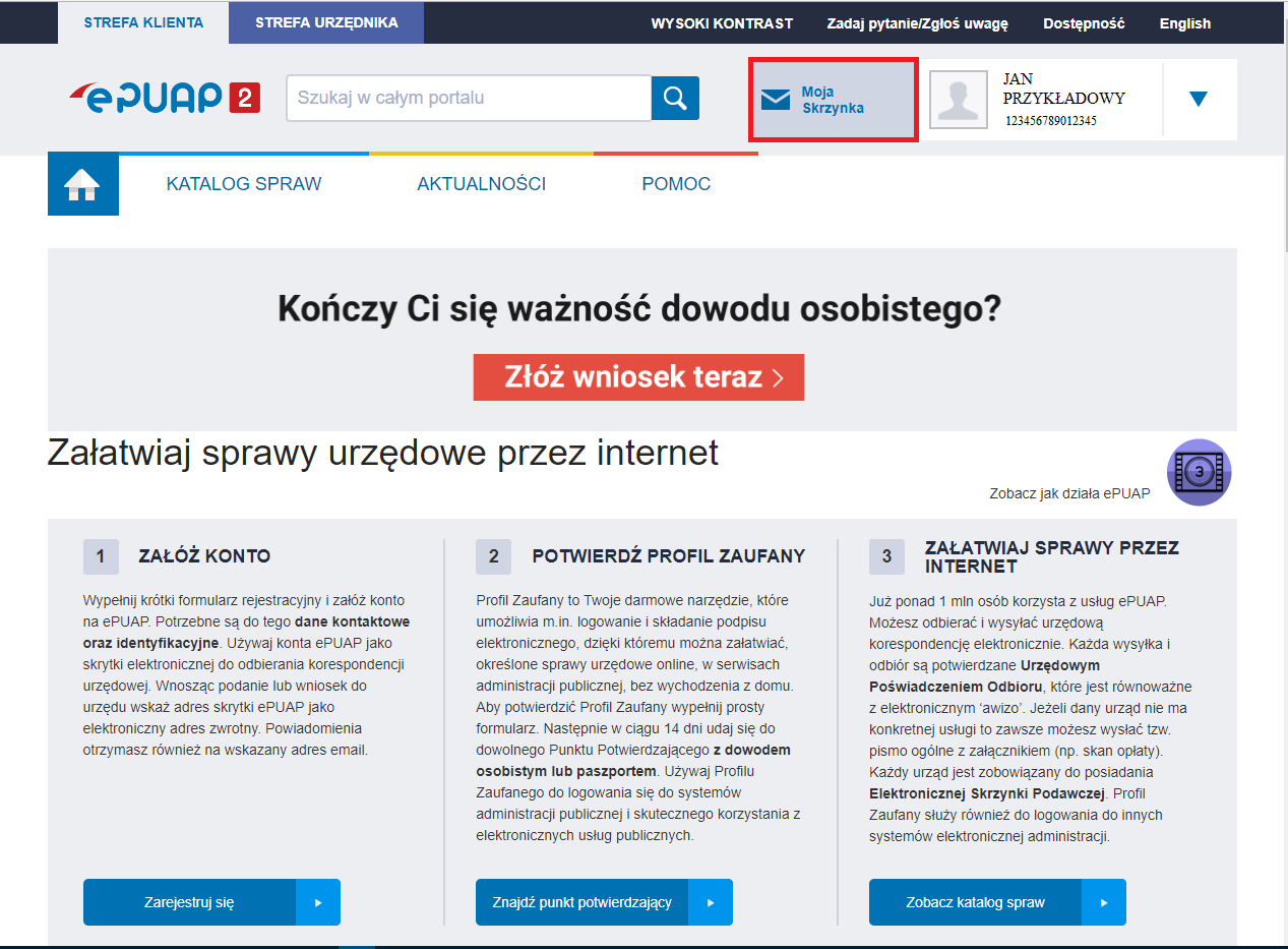 WAPRO JPK. Portal e-PUAP - przykładowy widok po zalogowaniu