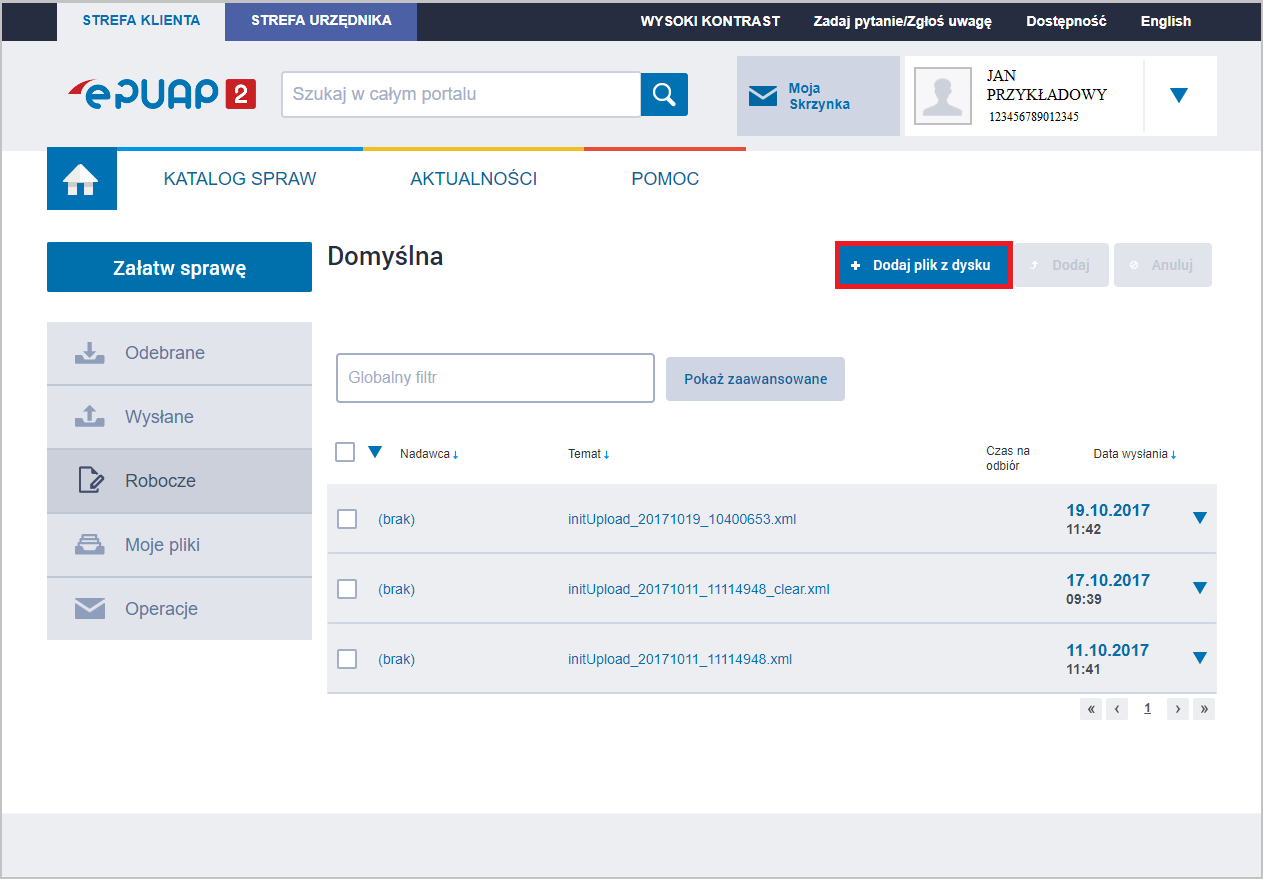 WAPRO JPK. Portal e-PUAP - przycisk "Dodaj plik z dysku"