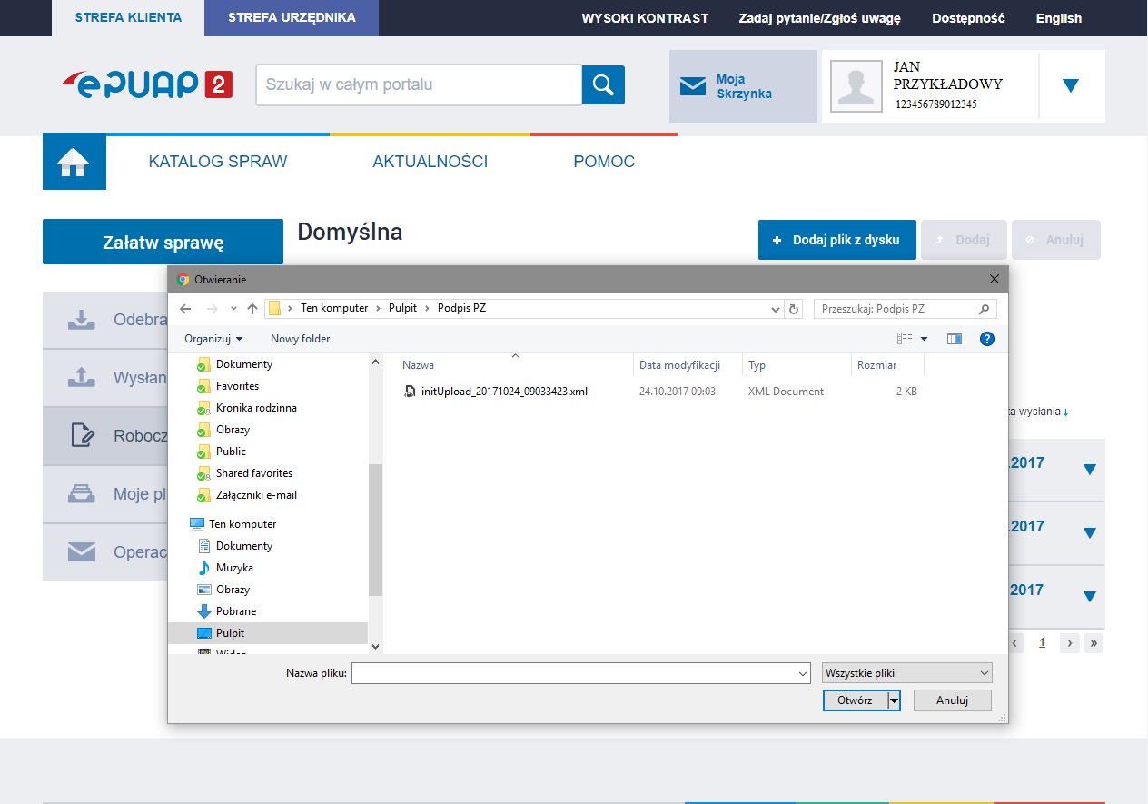 WAPRO JPK. Portal e-PUAP - pobieranie pliku initUpload z dysku komputera