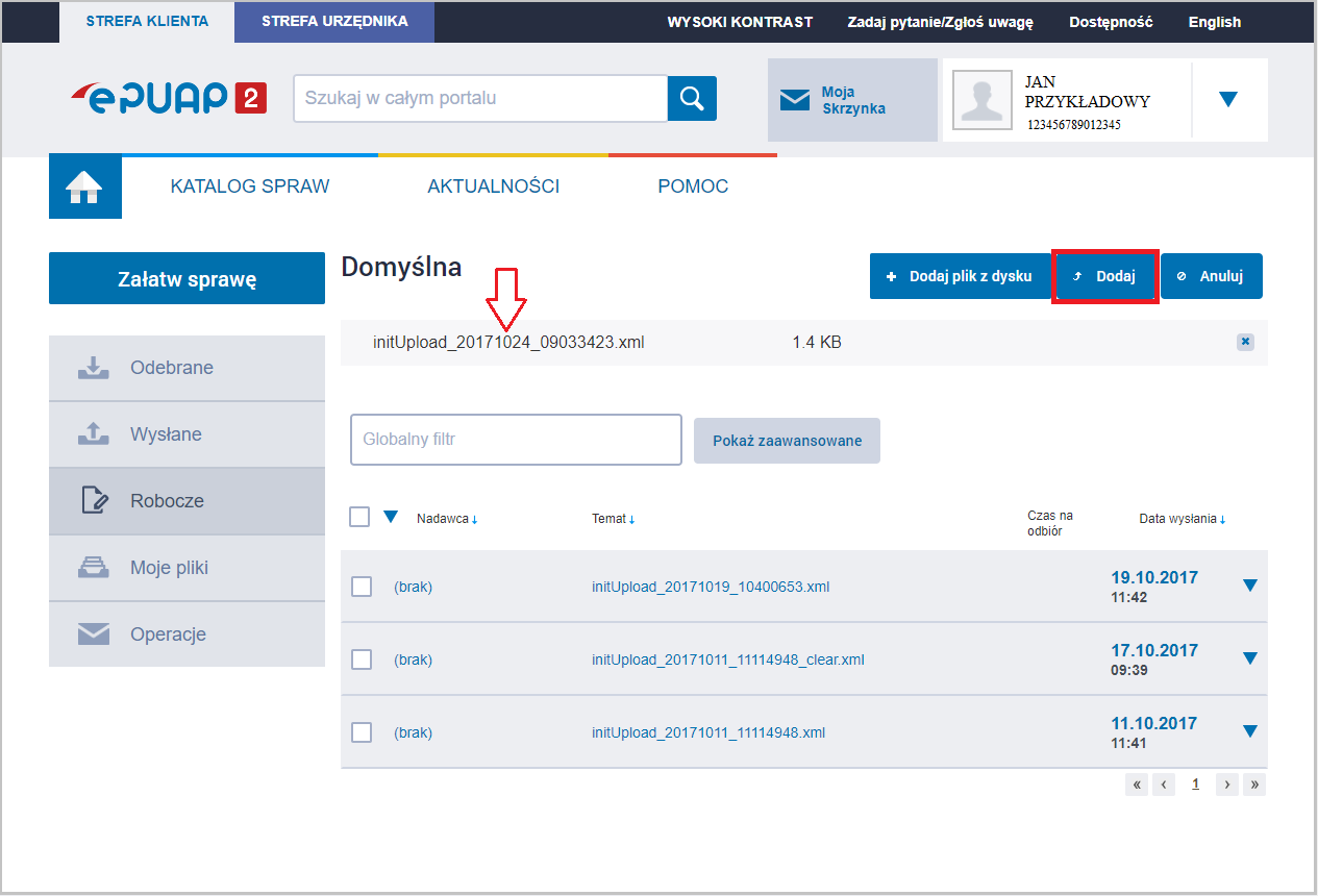 WAPRO JPK. Portal e-PUAP - widok skrzynki, przycisk "Dodaj"