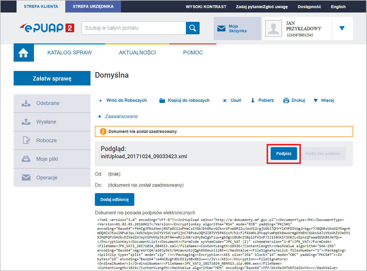 WAPRO JPK. Portal e-PUAP - informacja na temat pobranego pliku