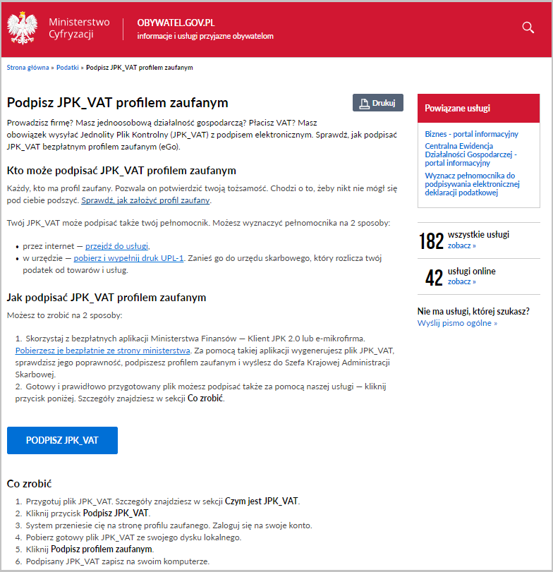 WAPRO JPK. Portal obywatel.gov.pl, ekran "Podpisz JPK_VAT profilem zaufanym"
