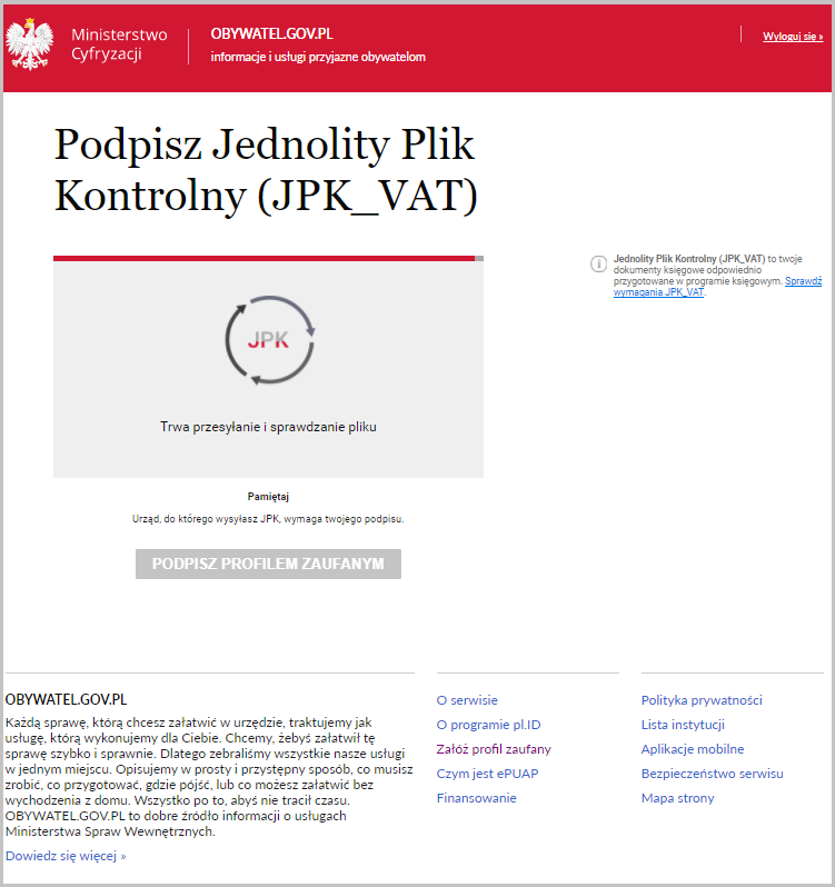 WAPRO JPK. Portal obywatel.gov.pl, weryfikacja pliku