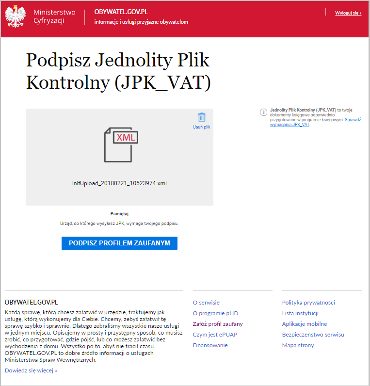 WAPRO JPK. Portal obywatel.gov.pl, pozytywna weryfikacja pliku