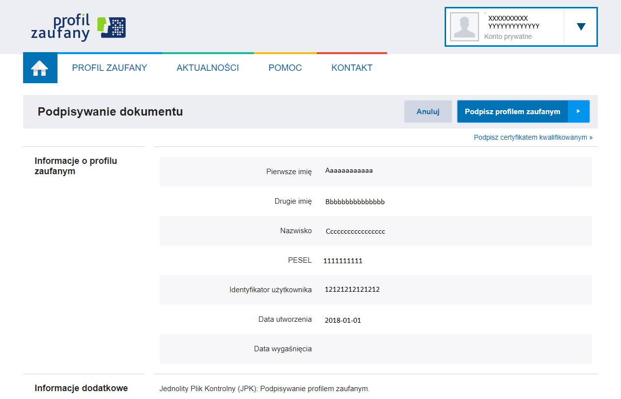 WAPRO JPK. Profil zaufany, okno podpisywania pliku