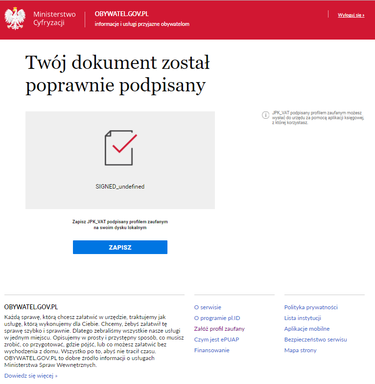 WAPRO JPK. Profil zaufany, informacja o pozytywnym podpisaniu pliku