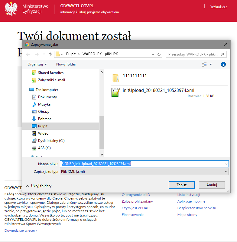 WAPRO JPK. Profil zaufany, zapisywanie podpisanego pliku na dysku komputera
