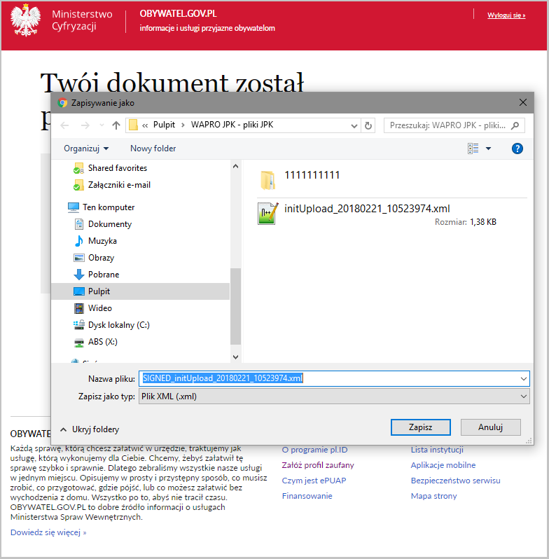 WAPRO JPK. Profil zaufany, zapisywanie podpisanego pliku na dysku komputera