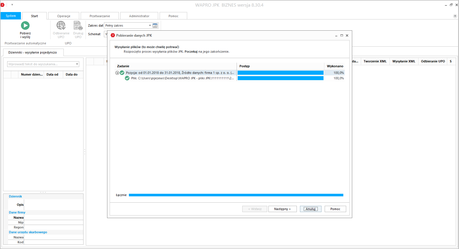 WAPRO JPK. Po wczytaniu podpisanego pliku nastąpi automatyczne wysyłanie pliku JPK_VAT