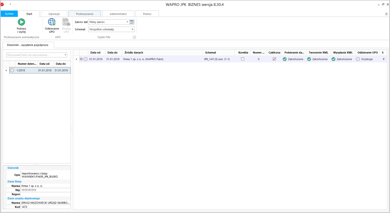 WAPRO JPK. Widok pozycji wysłanego na serwer MF pliku JPK_VAT