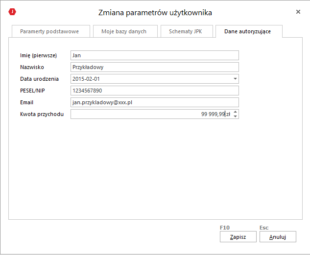 WAPRO JPK. Okno - Zmiana parametrów użytkownika, zakładka: Dane autoryzujące