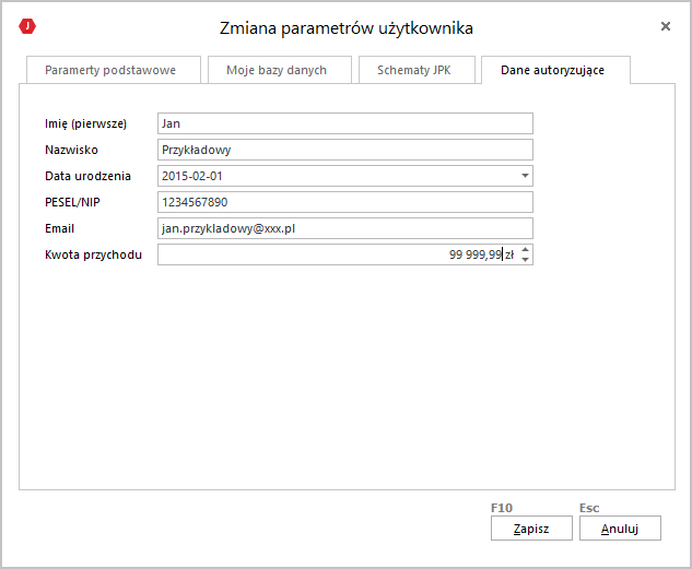 WAPRO JPK. Okno - Zmiana parametrów użytkownika, zakładka: Dane autoryzujące