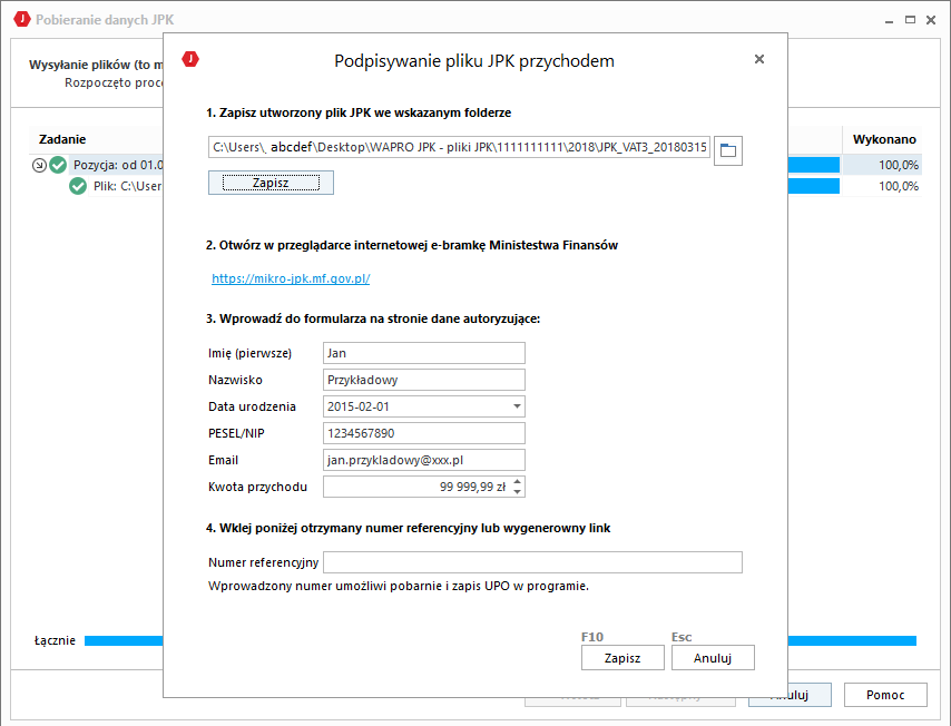 WAPRO JPK. Formatka: Podpisywanie pliku JPK przychodem