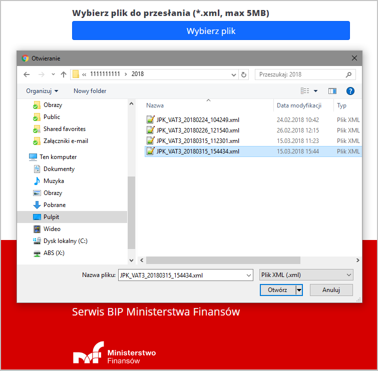 WAPRO JPK. Portal mikro-jpk.mf.gov.pl, pobieranie pliku z dysku komputera