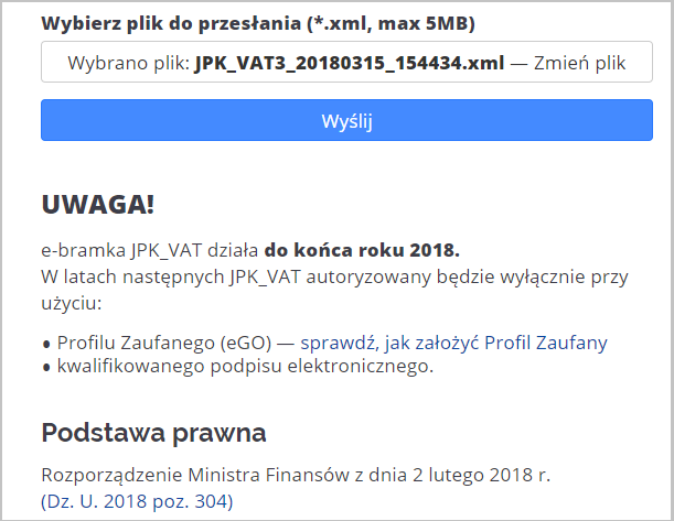WAPRO JPK. Portal mikro-jpk.mf.gov.pl, informacja o pobranym pliku, przycisk "Wyślij"