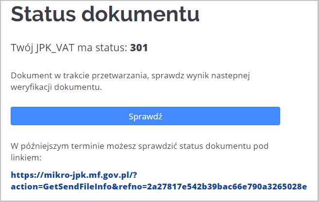 WAPRO JPK. Portal mikro-jpk.mf.gov.pl, okno z linkiem do pobrania statusu wysłanego pliku