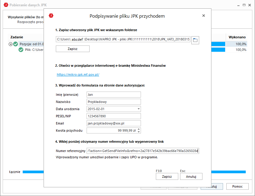 WAPRO JPK. Formatka &quot;Podpisywanie pliku JPK przychodem&quot;, w polu &quot;Numer referencyjny&quot; wklejony link z wiadomosci mail do odbioru UPO