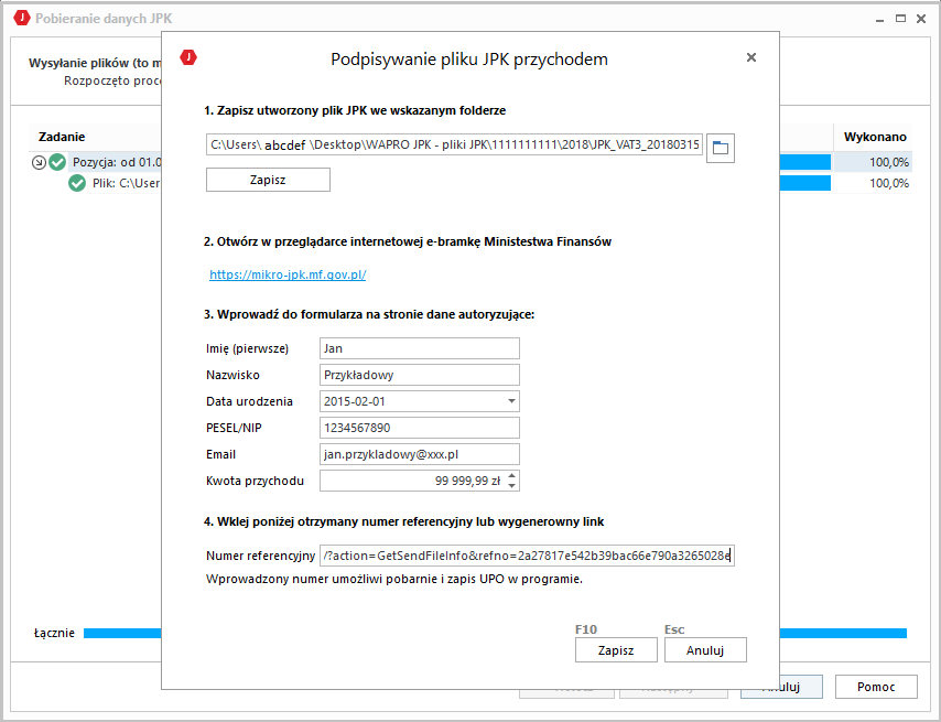 WAPRO JPK. Formatka "Podpisywanie pliku JPK przychodem", w polu "Numer referencyjny" wklejony link z wiadomosci mail do odbioru UPO