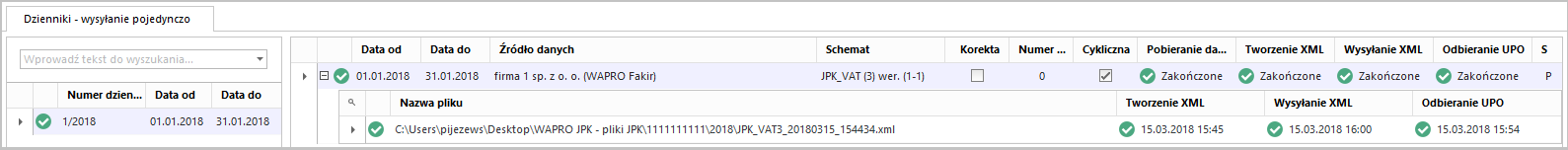 WAPRO JPK. Główne okno programu, na liście wysłanych plików widoczna informacja o odebranym UPO