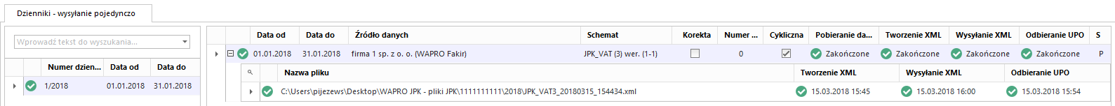 WAPRO JPK. Główne okno programu, na liście wysłanych plików widoczna informacja o odebranym UPO