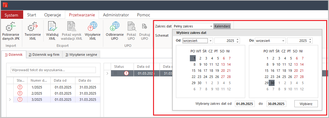 WAPRO JPK. Kontrolka zakres dat (A)