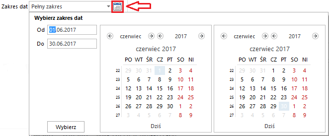 WAPRO JPK. Kontrolka &quot;Zakres dat&quot;, wybór niestandardowego okresu: Od - Do