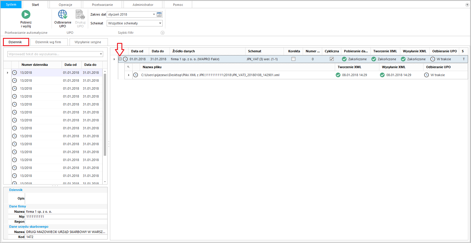 WAPRO JPK. Główne okno programu, zakładka: Dziennik