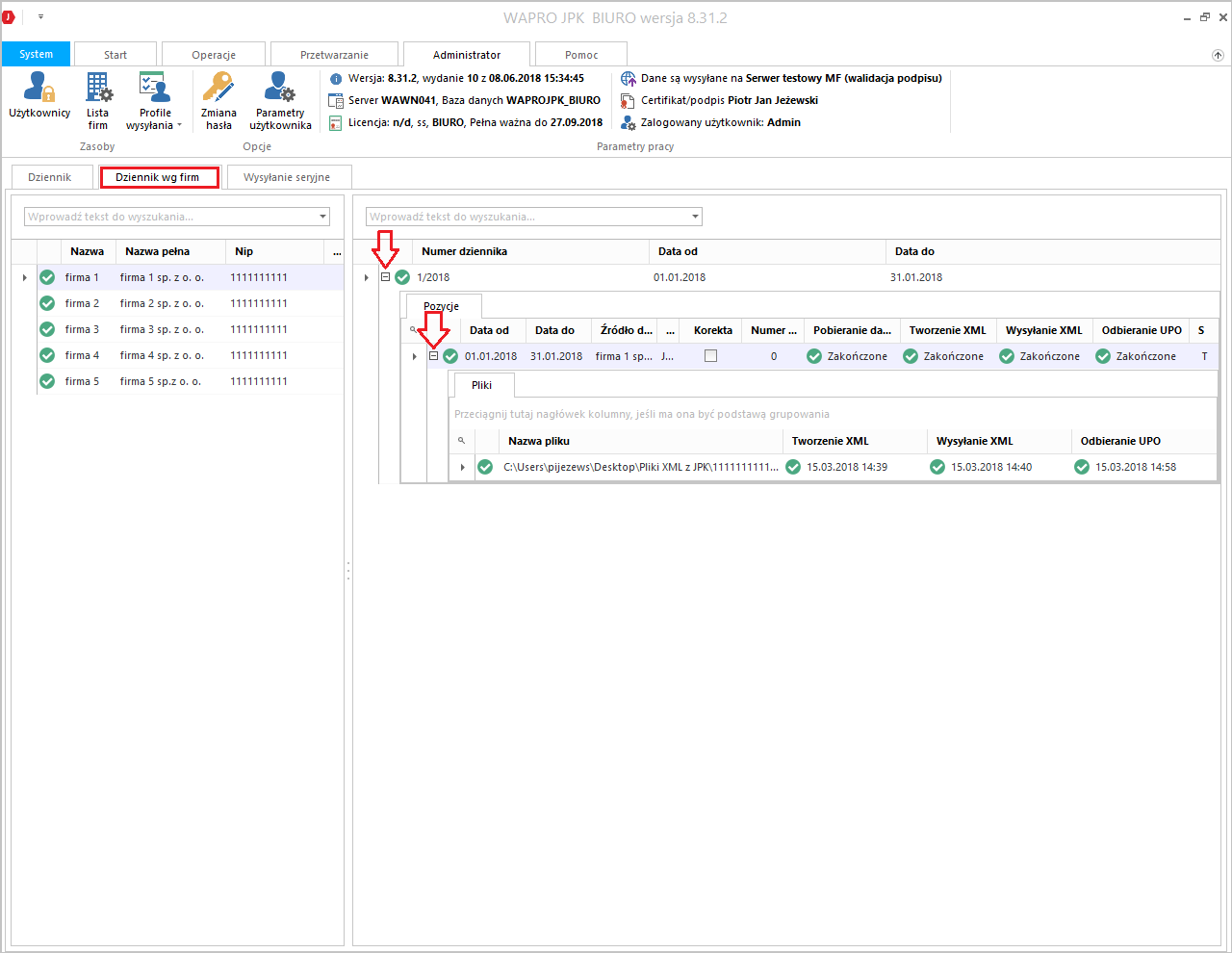 WAPRO JPK. Główne okno programu, zakładka: Dziennik wg firm