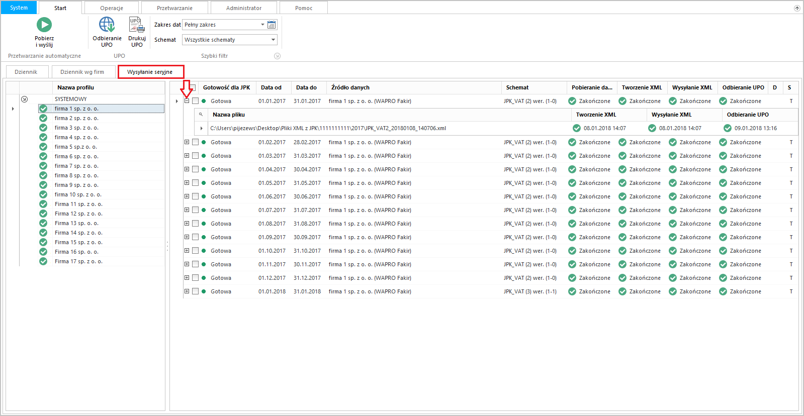 WAPRO JPK. Główne okno programu, zakładka: Wysyłanie seryjne