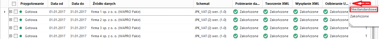 WAPRO JPK. Lista pozycji okna, opcja filtrowania niestandardowego