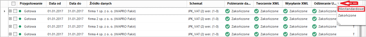 WAPRO JPK. Lista pozycji okna, opcja filtrowania niestandardowego