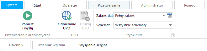 WAPRO JPK. Główne menu: Zakładka: Start, polecenie: Pobierz i wyślij