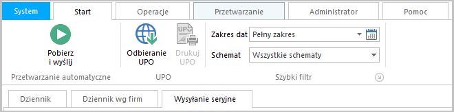 WAPRO JPK. Główne menu: Zakładka: Start, polecenie: Pobierz i wyślij