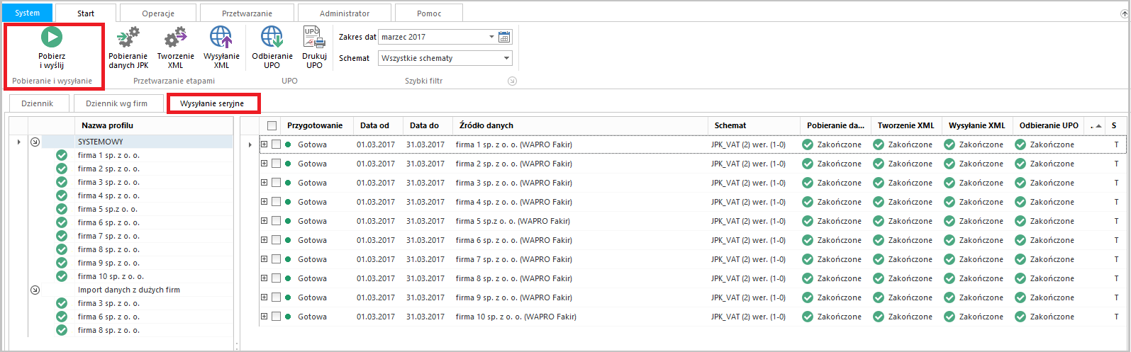 WAPRO JPK. Główne okno programu, zakładka "Wysyłanie seryjne"