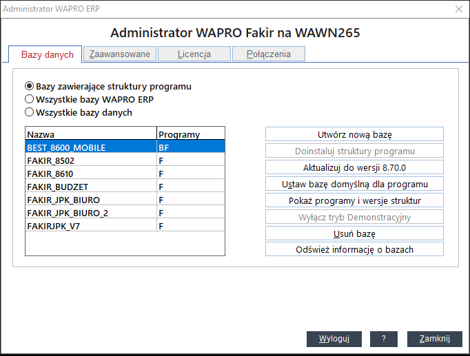 WAPRO Fakir. Administrator, zakładka: Bazy danych