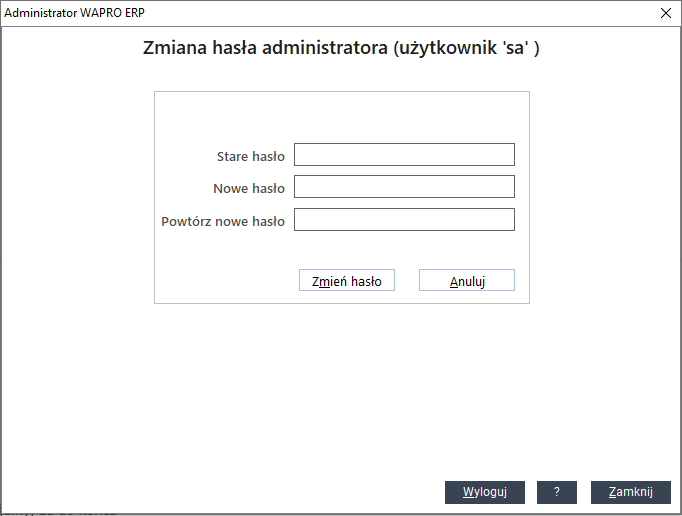 WAPRO Fakir. Administrator - zmiana hasła administratora serwera SQL (sa)