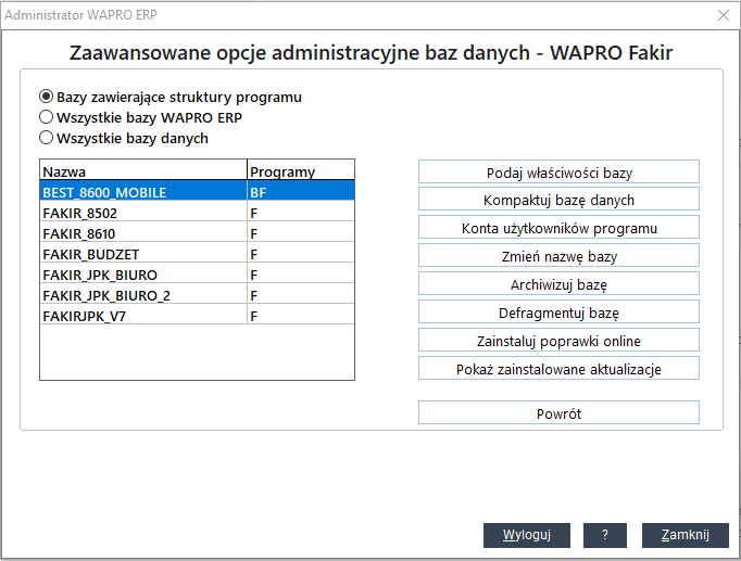 WAPRO Fakir. Administracja bazami danych