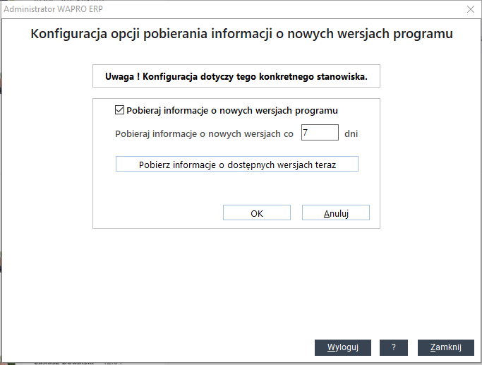 WAPRO Fakir. Administrator - Konfiguracja opcji pobierania informacji o nowych wersjach programu