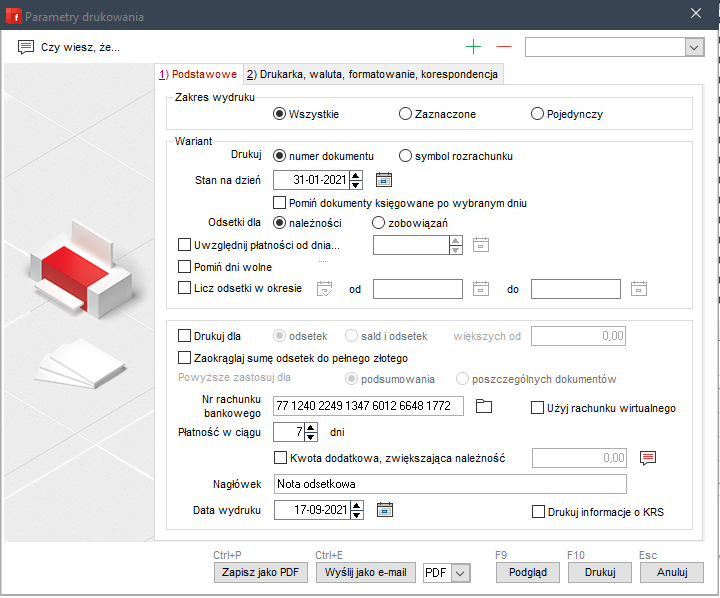 WAPRO Fakir. Okno - Parametry drukowania