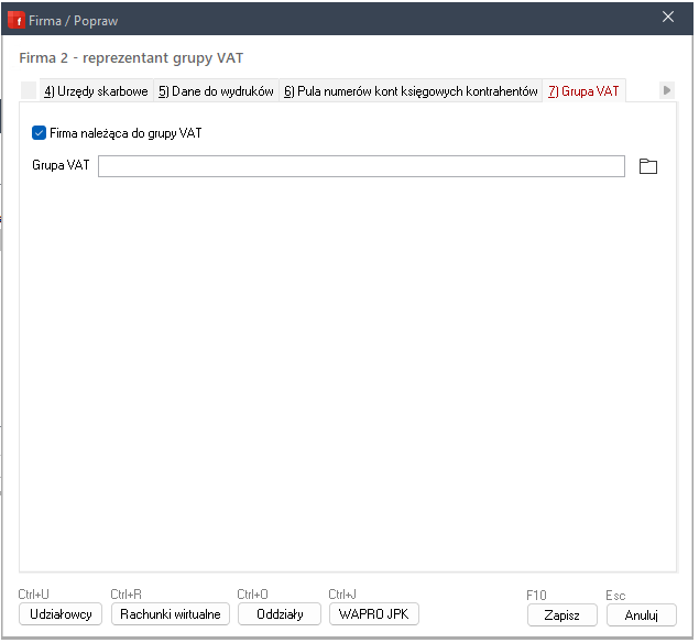 WAPRO Fakir. Okno - Firma / Popraw, zakładka: 7) Grupa VAT