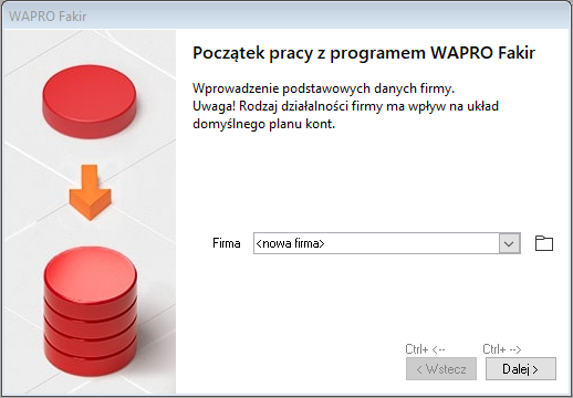 WAPRO Fakir. Kreator zakładania firmy, dodawanie danych firmy