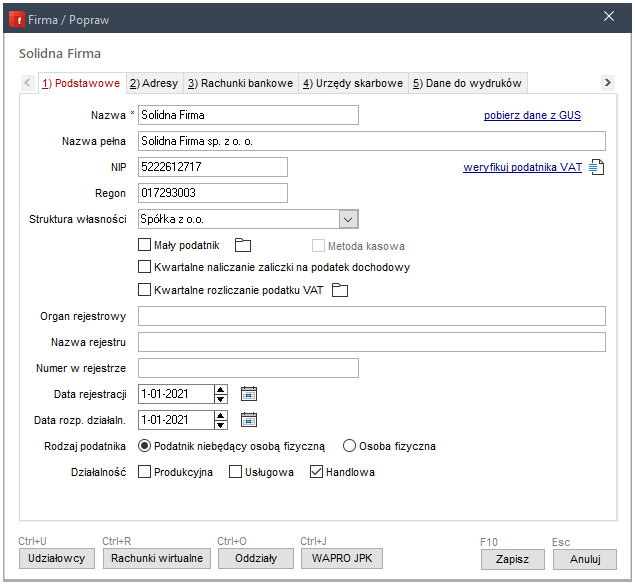 WAPRO Fakir. Okno wprowadzania/poprawiania danych podstawowych firmy