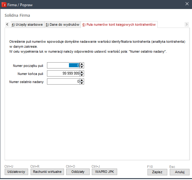 WAPRO Fakir. Okno - Firma / Popraw, zakładka: 6) Pula numerów kont księgowych kontrahentów