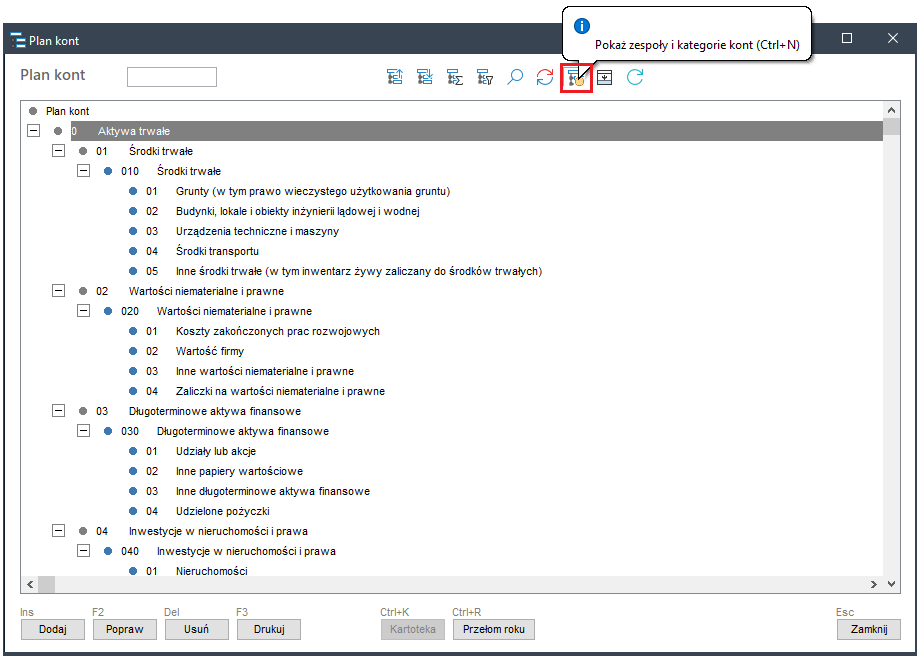 WAPRO Fakir. Okno - Plan kont, Pokaż zespoły i kategorie kont