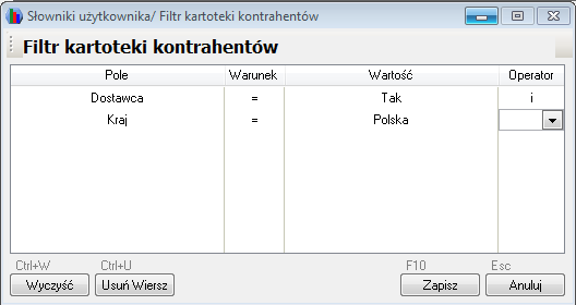 WAPRO Fakir. Przykładowa formatka &quot;Słowniki użytkownika / Filtr kartoteki kontrahentów